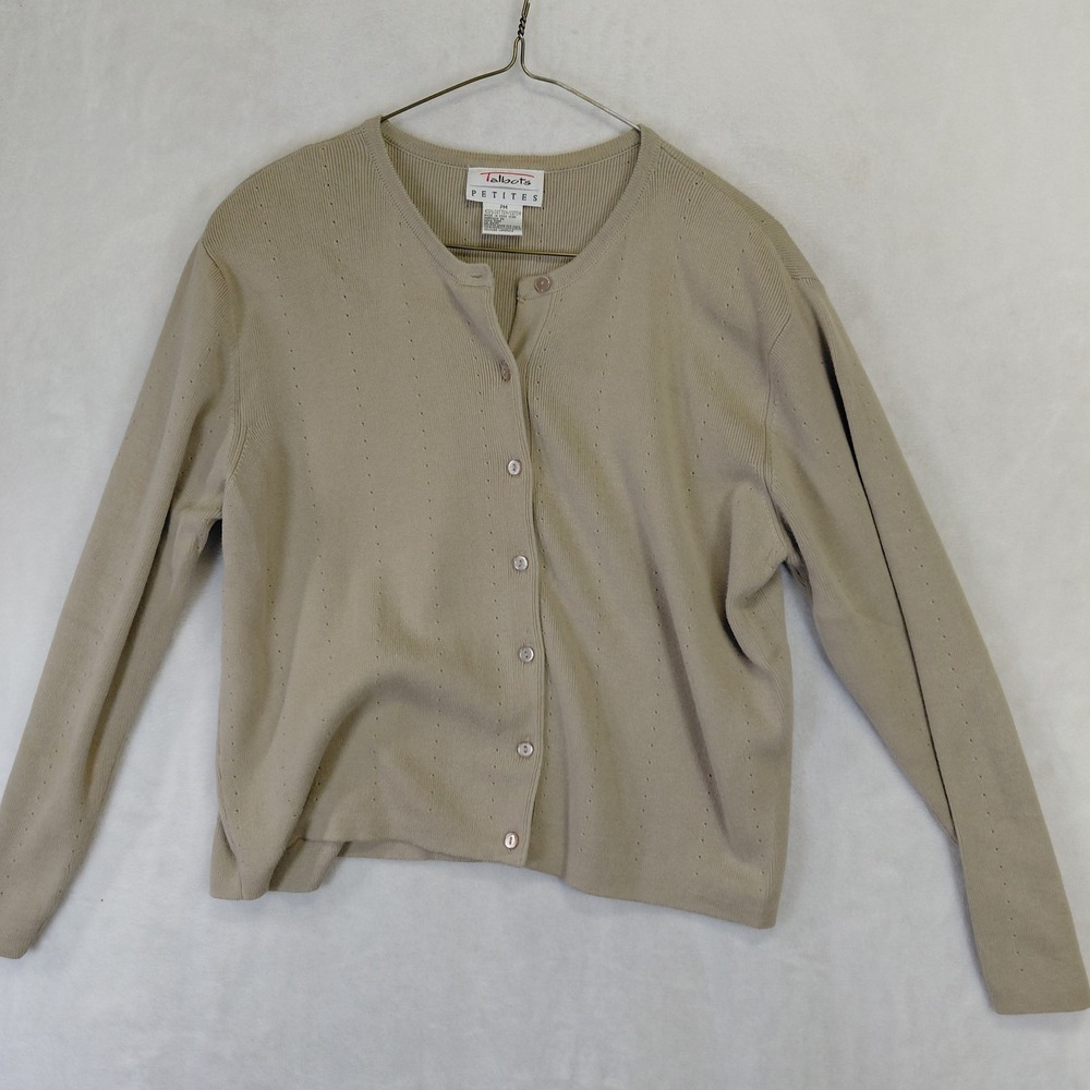 Talbots Petites Vintage Tan Beige 100% Cotton Pointelle Cardigan Sweater PM